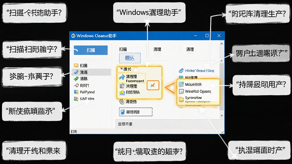 һ��չʾWindows�����������ֲ��������ͼƬ������Ϊ�����������������ʾ������Ϊ���д������ܱ�ע˵�����֣��Ű����������Ϊ�̳�ָ���磬ϸ�ڰ���ɨ�谴ť������ѡ�������ʾ�򣬻��ʸ��壬�ɾ����޶���Ԫ��
