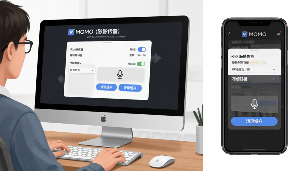 ����չʾһ���û����ڵ���ǰ����Ļ��ʾMOMO�����������������ý��棬�Ա����ֻ�ͬ����ʾ������Ϊ���ҷ��������Ϊ������Ļ��д���Ҳ�Ϊ�ֻ����棬���Ϊдʵ�칫�����廭��ϸ�ڰ���Ȩ�޿��ء��洢·��ѡ����˷�ͼ�ꡢ�������水ť������ɾ����޶���Ԫ�أ����廭�ʣ����ֱ�ע��MOMO��������������