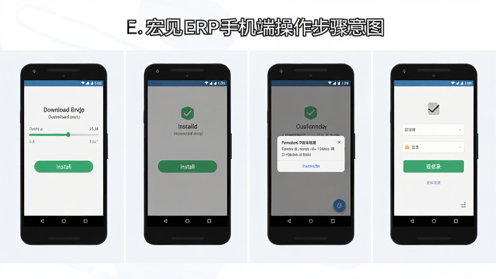 宏见ERP手机端操作步骤示意图,画面主体为一部安卓手机展示从下载到登录的四个操作画面,布局采用横向四格分镜排版,风格为简洁扁平化教程风,细节包括下载进度条、安装按钮、权限弹窗、登录界面,画质高清,干净,无多余元素