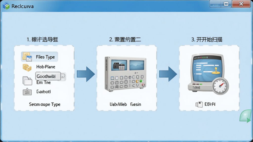 软件Recuva的向导模式操作流程图,画面分为三步,第一步选择文件类型,第二步选择存储位置,第三步开始扫描,用箭头连接,背景为浅蓝色,风格清晰易懂,画质干净