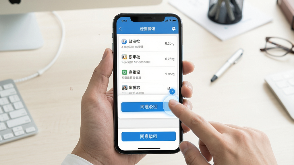 一张经营管理端移动审批功能的界面展示图,画面中央为手机屏幕显示审批列表与同意驳回按钮,布局为手机居中,周围有手指点击屏幕的示意动作,风格为简洁办公风,细节上按钮为蓝色高亮,背景为浅色办公桌面,画质清晰,干净,无多余元素