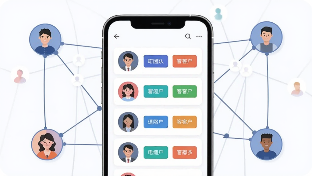 一张经营管理端团队与客户管理功能的示意图,画面主体为手机屏幕显示团队头像列表与客户标签卡片,布局上手机位于画面中央,背景有抽象的人脉连接线条,风格为现代商务插画风,细节上头像为圆形,标签为彩色小方块,画质清晰,干净,无多余元素