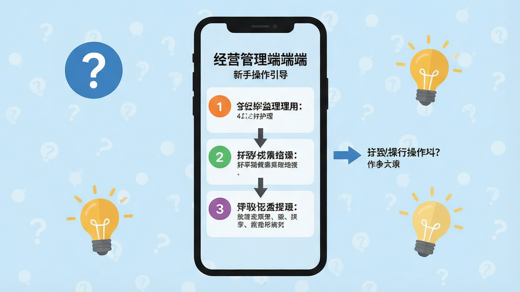 一张经营管理端新手操作引导的示意图,画面展示手机屏幕上的步骤提示与箭头指引,布局为手机居中,周围有问号与灯泡图标,风格为扁平化教程风,细节上步骤数字为彩色圆圈,背景为浅蓝色,画质清晰,干净,无多余元素