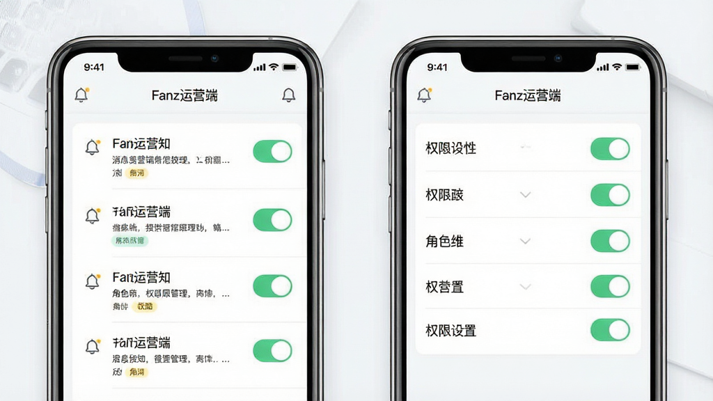一张Fanz运营端消息推送与权限管理界面示意图,画面主体为两部并排的手机屏幕,左侧展示消息通知列表右侧展示权限设置开关面板,布局为左右对比式,风格为清爽浅色UI风格,细节包含铃铛图标、权限开关按钮、角色标签,画质细腻干净无多余元素,屏幕中文字包含“Fanz运营端”