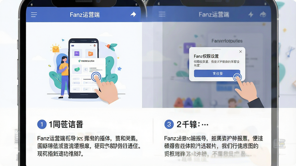 一张Fanz运营端新手操作引导示意图,画面主体为手机屏幕显示分步引导页面,布局为上下结构上方是插图下方是文字说明,风格为扁平化插画风,细节包含步骤序号、手指点击图标、权限设置弹窗,画质清晰干净无多余元素,屏幕内文字包含“Fanz运营端”