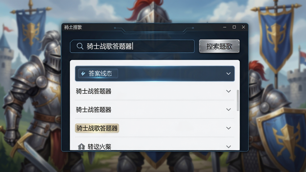 一张展示骑士战歌答题器软件界面的图片,画面中央是软件主窗口,窗口内显示着搜索框和答案列表,搜索框内写着“骑士战歌答题器”,背景是模糊的骑士战歌游戏场景,有骑士盔甲和战旗元素,布局简洁,排版清晰,风格为现代科技感,细节包括按钮的金属质感和文字的高亮显示,画质高清,画面干净,无多余元素