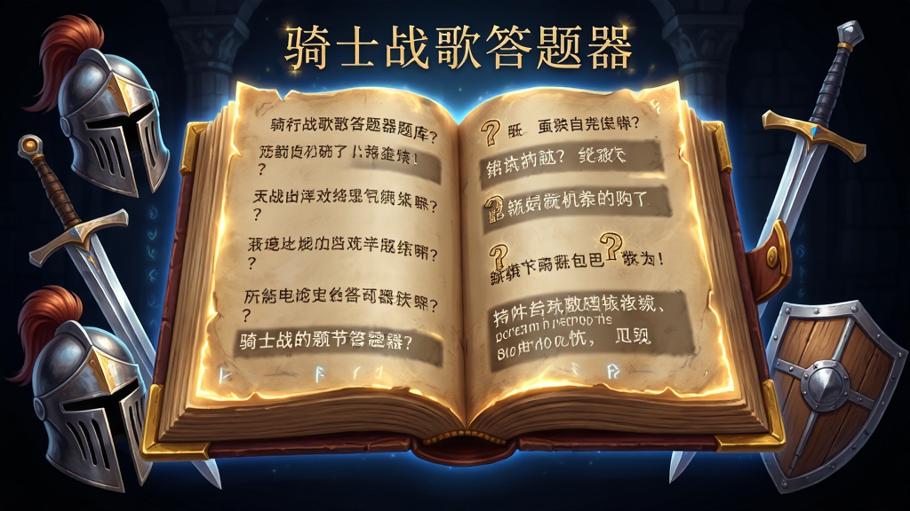 一张展示骑士战歌答题器题库界面的图片,画面主体是一本巨大的发光魔法书,书页上浮现出各种问题和答案,书周围环绕着骑士头盔、长剑和盾牌,布局采用中心对称,排版错落有致,风格为奇幻魔幻风,细节包括书页的羊皮纸纹理和文字的发光效果,画质精细,画面干净,无多余元素