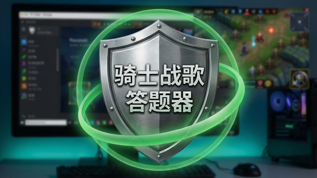 一张展示骑士战歌答题器安全特性的图片,画面是一个盾牌图标,盾牌上写着“骑士战歌答题器”,盾牌周围环绕着绿色的安全光环,背景是模糊的电脑屏幕和游戏画面,布局以盾牌为中心,排版稳固,风格为安全防护风,细节包括盾牌的金属质感和绿色光环的渐变效果,画质高清,画面干净,无多余元素