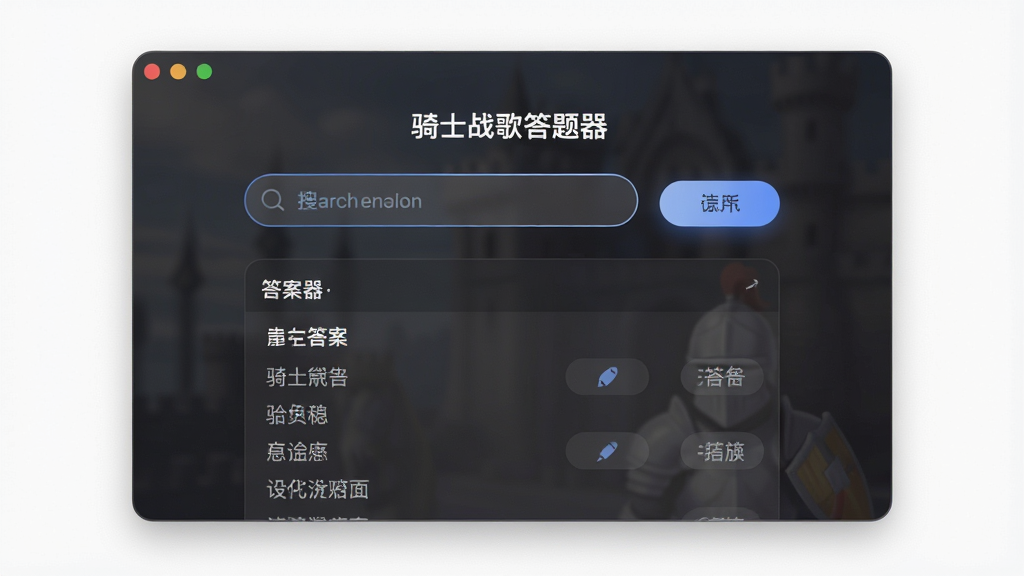 一张展示骑士战歌答题器简洁界面的图片,画面是一个干净的软件窗口,窗口内只有搜索框和几个按钮,搜索框下方显示着答案列表,窗口背景是半透明的深色,布局居中,排版整齐,风格为现代简约风,细节包括窗口的圆角和按钮的微光效果,画质清晰,画面干净,无多余元素