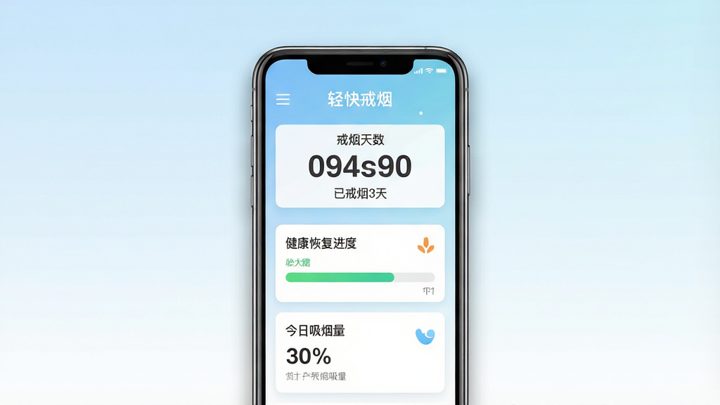 一张干净简洁的手机应用界面展示图,画面中央是一部竖屏智能手机,屏幕上显示着轻快戒烟的首页仪表盘,包含戒烟天数计数器、健康恢复进度条和今日吸烟量记录卡片,背景为浅蓝到白色的渐变色调,整体布局居中对称,风格清新现代扁平化,细节上手机边缘有淡淡阴影,屏幕内文字清晰可辨显示“轻快戒烟”和“已戒烟3天”,画质高清干净无多余元素