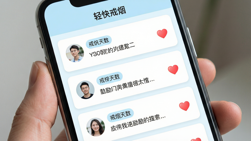一张展示轻快戒烟社区互动界面的图片,画面为手机屏幕特写,屏幕内显示戒烟打卡动态列表,每条动态包含用户头像、戒烟天数标签和一句鼓励文字,布局为纵向滚动列表,风格为清爽浅色卡片式设计,配色以白色和淡蓝色为主,细节上点赞按钮为红色小爱心,画质高清干净,屏幕顶部显示“轻快戒烟”字样