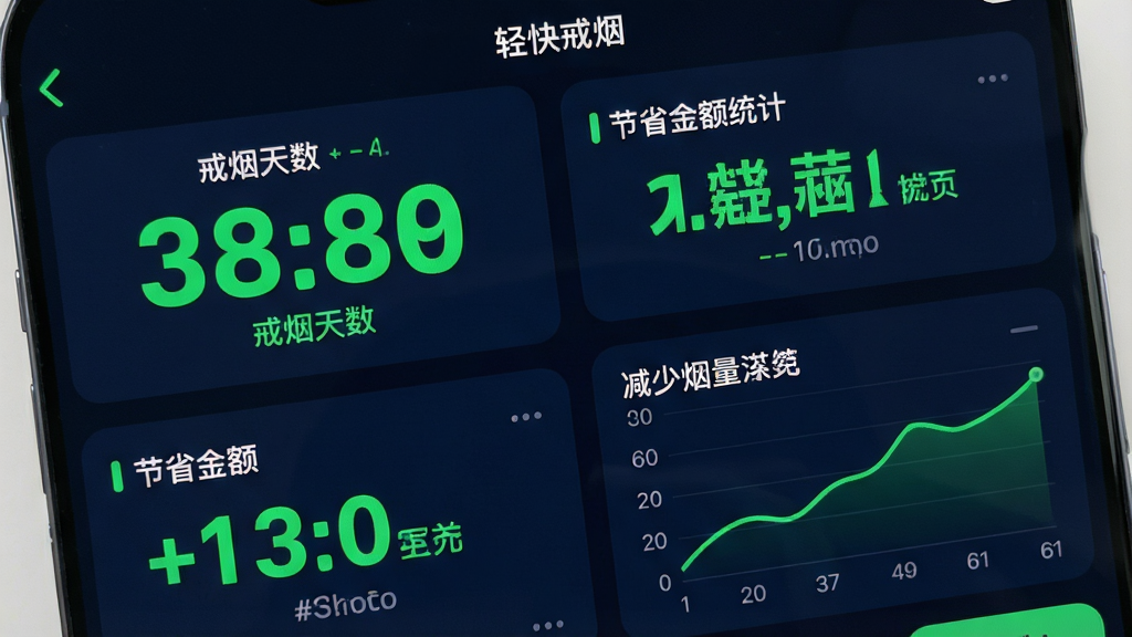 一张手机屏幕截图风格图片,画面展示轻快戒烟的“我的”页面数据看板,包含戒烟天数大数字、节省金额统计和减少烟量折线图,布局为上下分区卡片排列,风格为深色模式下的高对比度设计,配色以深蓝背景和亮绿数据高亮为主,细节上数字字体加粗清晰,画质高清干净,屏幕顶部显示“轻快戒烟”