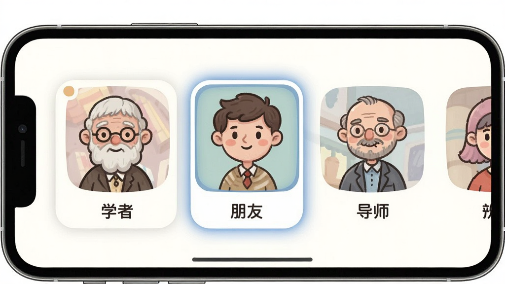 ͼ����ӽ�ɫ�趨����չʾͼ���������ֻ���Ļ��ʾ��ɫѡ����棬�ж����ͬ���Ľ�ɫͷ������ƣ��硰ѧ�ߡ������ѡ�����ʦ���ȣ�����Ϊ���򻬶�ѡ�񣬷��Ϊ��ͨ�׺ͣ�ϸ�ڰ�����ɫͷ���ѡ�и���Ч���������������ɾ����޶���Ԫ��