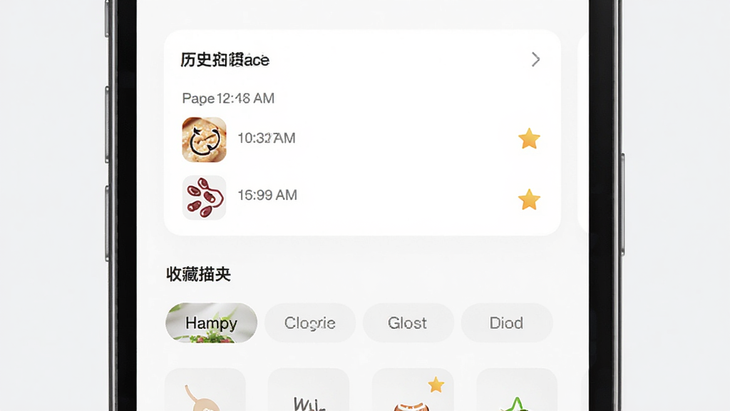 成分扫描器应用内历史记录与收藏夹界面的展示图,主体为手机屏幕中的列表布局,排版为上下结构,上方为历史记录卡片,下方为收藏夹标签,风格为清新简约风,细节包括时间戳、成分缩略图标、收藏星标,画质高清,干净,无多余元素
