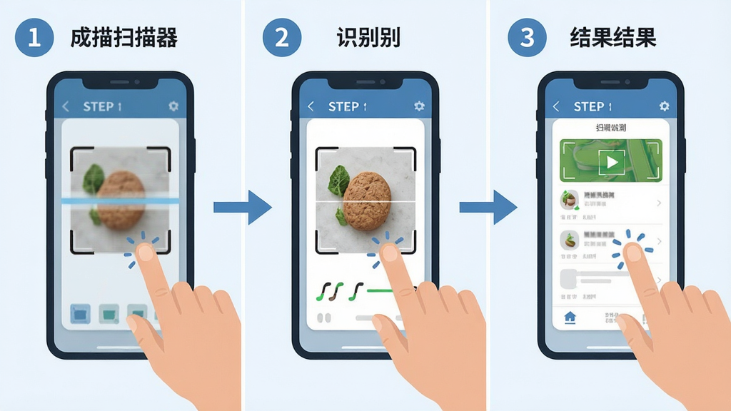 成分扫描器软件在手机上的操作步骤示意图,主体为手机屏幕与手指点击动作,布局为三格分镜展示扫描、识别、结果查看流程,风格为扁平化教程风,细节包括箭头引导、步骤编号、界面截图缩略,画质高清,干净,无多余元素