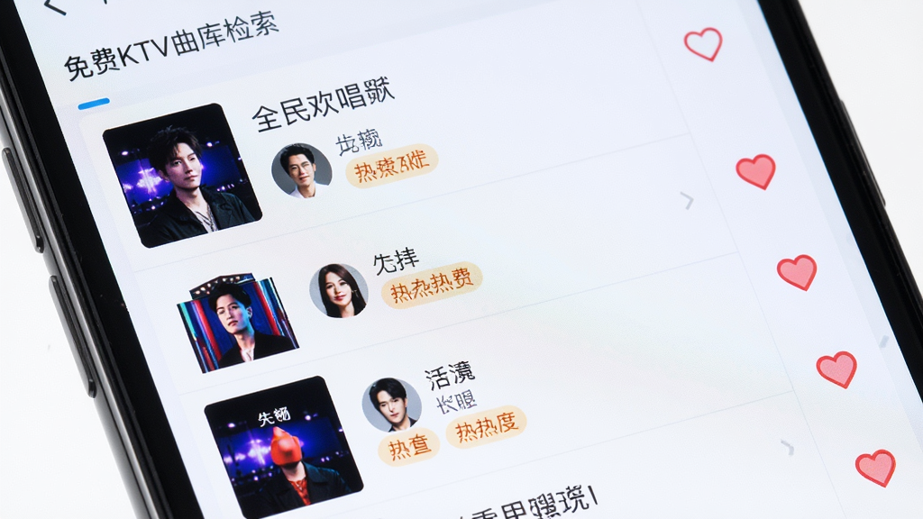 全民欢唱免费KTV曲库检索界面特写,主体为手机屏幕上的歌曲搜索列表,布局为纵向滚动列表,排版整齐,风格为清爽浅色系UI,细节包含歌曲名、歌手头像、热度标签、收藏心形图标,画质清晰,画面干净,无多余元素