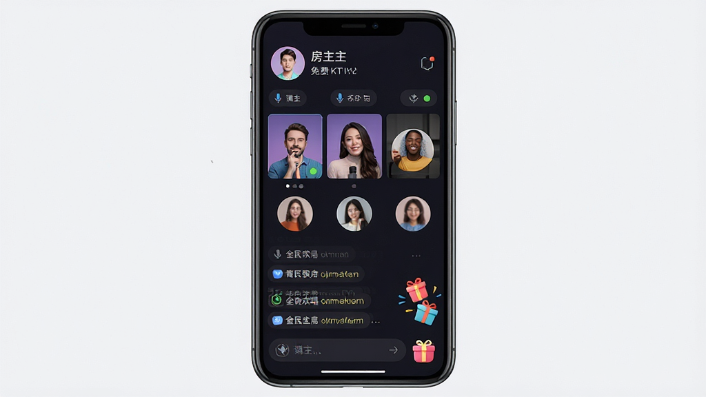 全民欢唱免费KTV在线歌房互动场景,主体为手机屏幕显示多人歌房界面,布局上方为房主头像与房间信息,中部为演唱者与听众列表,底部为聊天输入框与礼物按钮,排版层次分明,风格为深色沉浸式UI,细节包含麦克风状态图标、弹幕文字、礼物动画特效,画质高清,画面干净,无多余元素