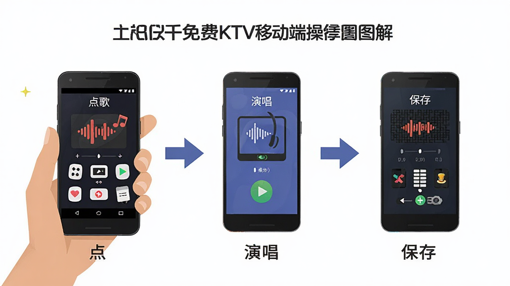 全民欢唱免费KTV移动端操作流程图解,主体为一部安卓手机与一只手握持的示意图,布局为竖向分步展示,排版从左到右依次为点歌、演唱、保存三个步骤,风格为扁平化信息图,细节包含箭头引导、图标说明、文字标注,画质高清,画面干净,无多余元素