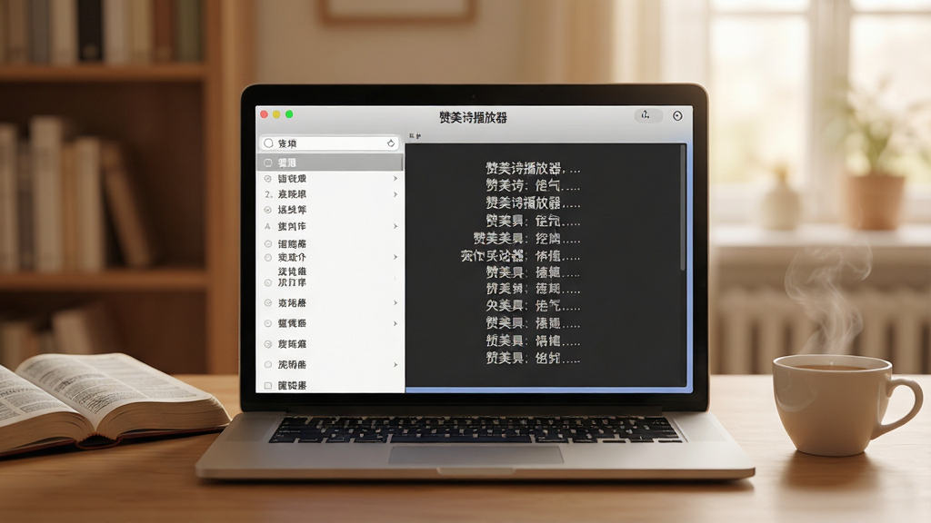 画面中央放置一台打开的笔记本电脑,屏幕上显示着“赞美诗播放器”软件界面,界面左侧是歌单列表,右侧是歌词同步显示区域,背景是柔和的暖色调书房环境,桌面上放着一本翻开的圣经和一杯热茶,整体风格温馨安静,画质高清,干净整洁,无多余元素