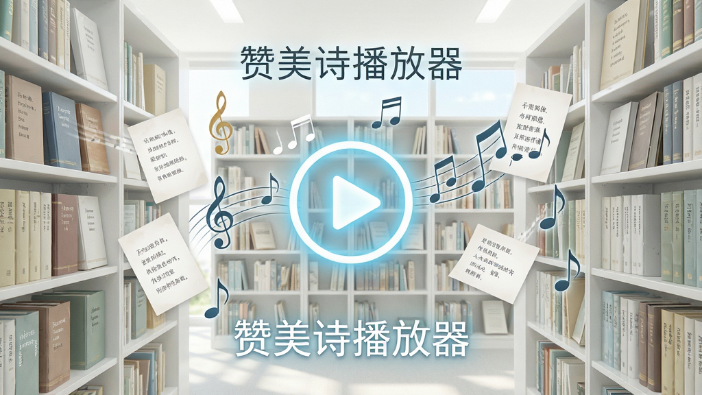 一个明亮的音乐图书馆场景,书架上整齐排列着大量诗歌本,中央悬浮着一个发光的播放按钮,周围环绕着音符和歌词卡片,画面中带有“赞美诗播放器”字样,风格清新明亮,画质高清,干净整洁,无多余元素