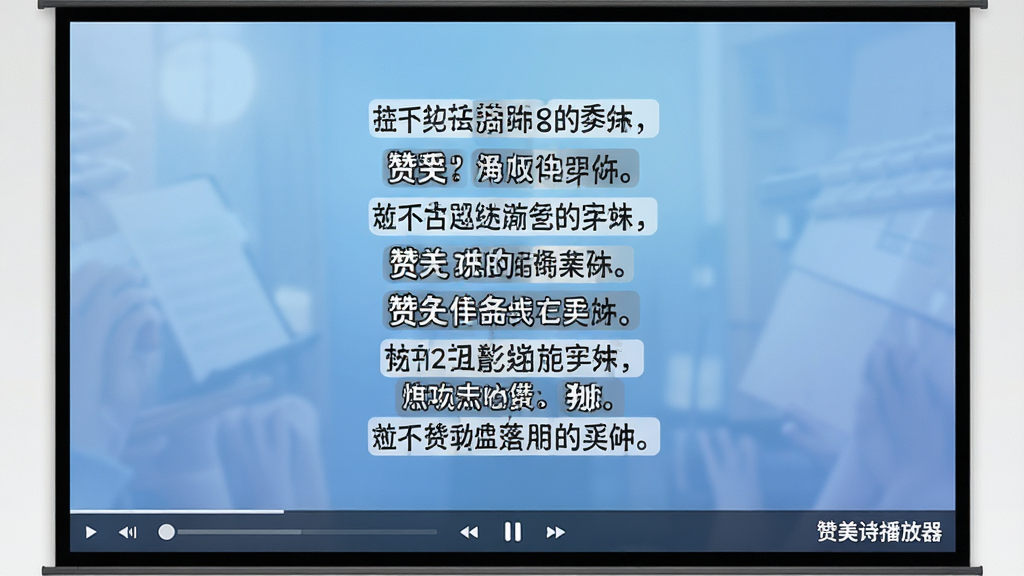 一块大屏幕投影上显示着赞美诗歌词,歌词逐句高亮,背景是柔和的蓝色渐变,屏幕下方有播放控制条,画面角落带有“赞美诗播放器”标识,风格现代简洁,画质高清,干净整洁,无多余元素