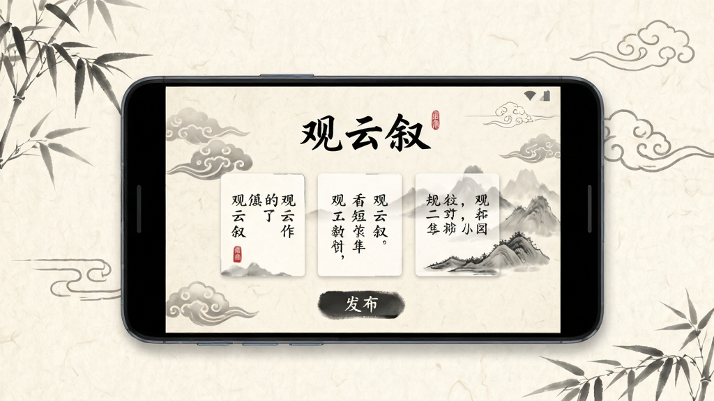 画面中央放置一部安卓手机,手机屏幕显示“观云叙”古风短文创作界面,界面中有云朵与远山的水墨插画,背景是浅米色宣纸质感,四周点缀淡墨竹叶与流云线条,整体布局简洁留白,风格为中国古风水墨,细节包含毛笔字标题“观云叙”、短句卡片和发布按钮,画质清晰干净,无多余元素