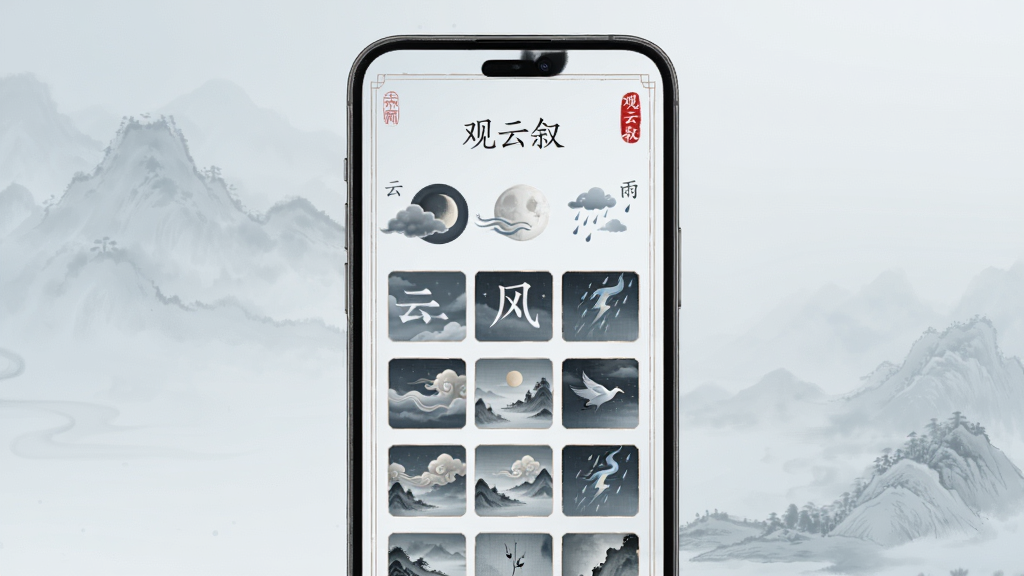手机界面中展示“观云叙”素材分类页面,画面主体为手机屏幕,布局居中,排版为顶部标题“观云叙”,下方是云、月、风、雨等标签与素材列表,背景为浅灰蓝水墨渐变,风格简约古风,细节有细线边框与印章小图标,画质清晰干净,无多余元素