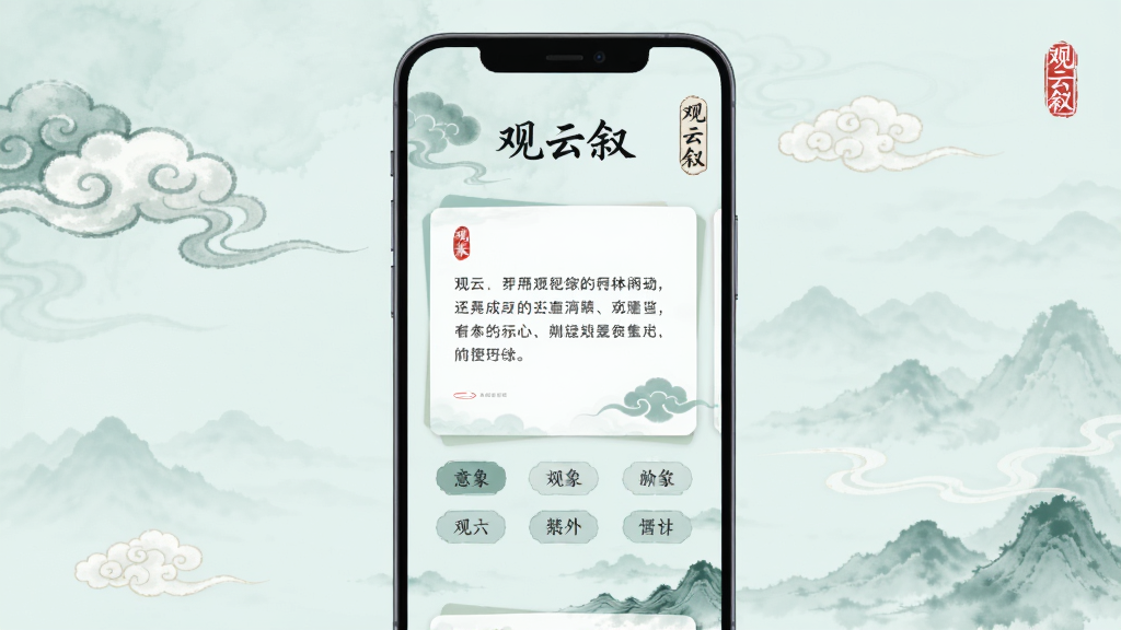 一部手机屏幕中展示“观云叙”古风短文生成页面,画面主体是手机与界面,布局为居中展示,排版上标题“观云叙”在顶部,中间是短句卡片与意象标签按钮,背景为淡青色水墨云纹,风格清新古风,细节有流云、远山、印章元素,画质高清干净,无多余元素