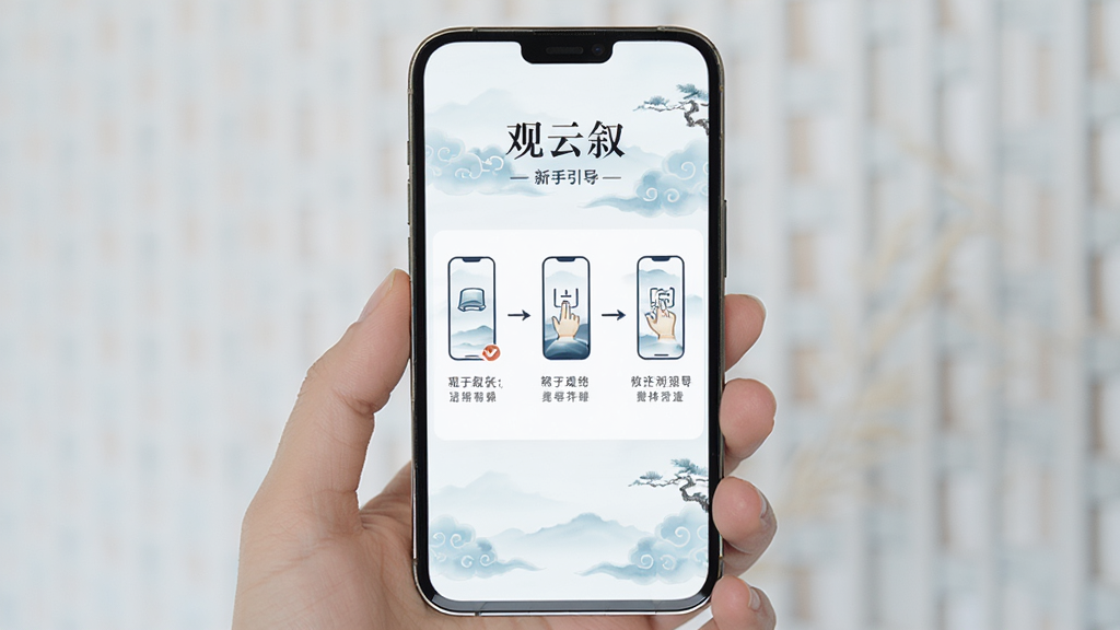 一部手机展示“观云叙”新手引导页面,画面主体为手机屏幕,布局居中,排版为顶部“观云叙”标题,中间是三步操作图示与文字说明,背景为淡蓝色水墨云纹,风格清新简洁,细节有图标、箭头与提示文字,画质清晰干净,无多余元素