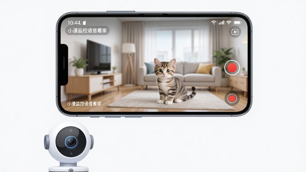 画面主体是一部智能手机,屏幕上显示着小漫监控语音看家的实时监控画面,画面中有客厅场景和一只小猫,手机下方有一个卡通风格的摄像头设备,布局采用中心对称构图,手机居中,摄像头在左下角,排版简洁清晰,风格为现代扁平化科技风,细节包括手机屏幕上的时间显示、信号图标和录制按钮,画面中文字显示“小漫监控语音看家”,画质为高清4K,干净明亮,无多余元素