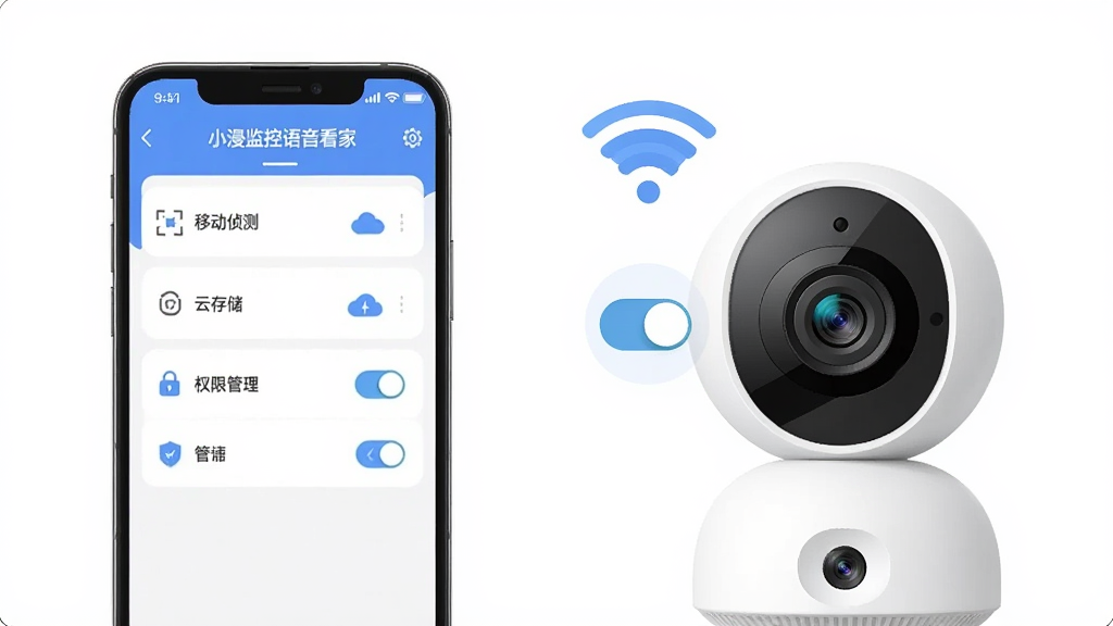 画面主体是一部手机和一台智能摄像头,手机屏幕显示小漫监控语音看家的设置界面,摄像头旁边有WiFi信号图标和权限开关图标,布局采用左右对比构图,手机在左,摄像头在右,排版为横向并列,风格为扁平化图标风,细节包括设置选项中的“移动侦测”“云存储”“权限管理”文字,画面中文字显示“小漫监控语音看家”,画质为高清4K,干净清晰,无多余元素