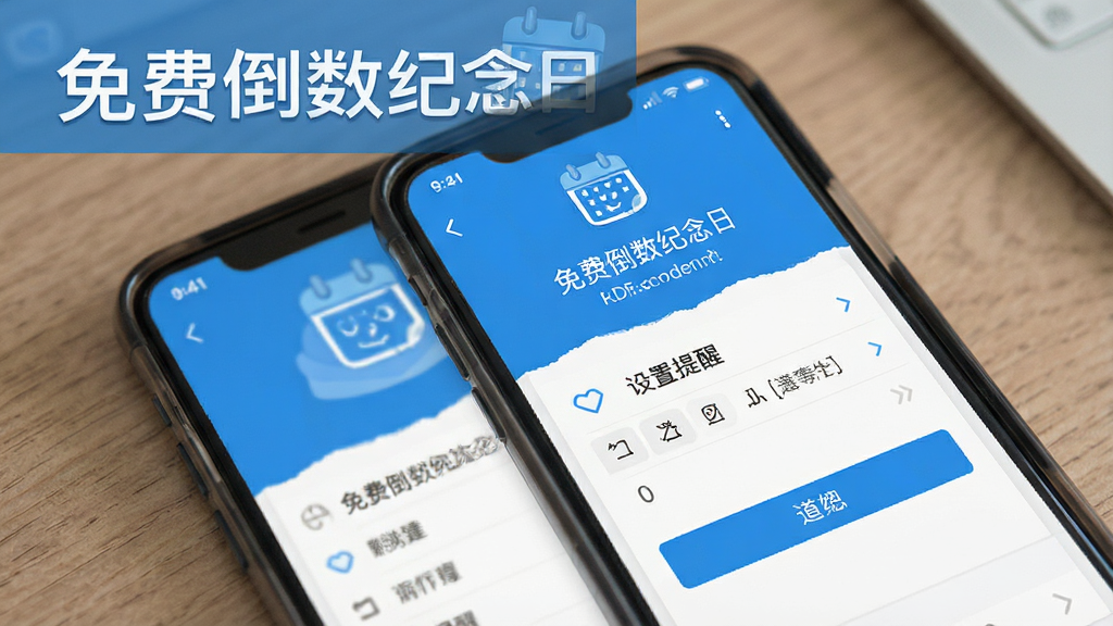 手机端免费倒数纪念日应用操作界面截图风格展示,画面展示创建事件和设置提醒的操作流程,标注“免费倒数纪念日”文字,蓝白配色,扁平化设计,布局清晰,细节精致,高清画质,干净无多余元素