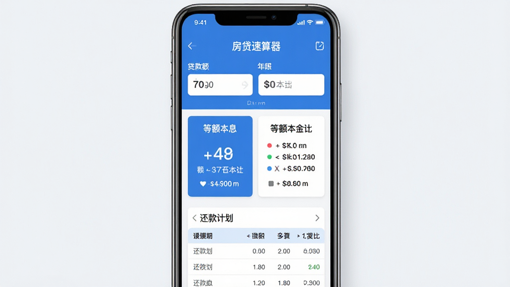 房贷速算器软件主界面,手机屏幕居中展示,上方为贷款金额与年限输入框,中间显示等额本息与等额本金对比结果卡片,下方为还款计划表预览,整体布局清晰,排版整齐,现代简约风格,蓝色与白色主色调,细节精致,高清画质,干净无多余元素