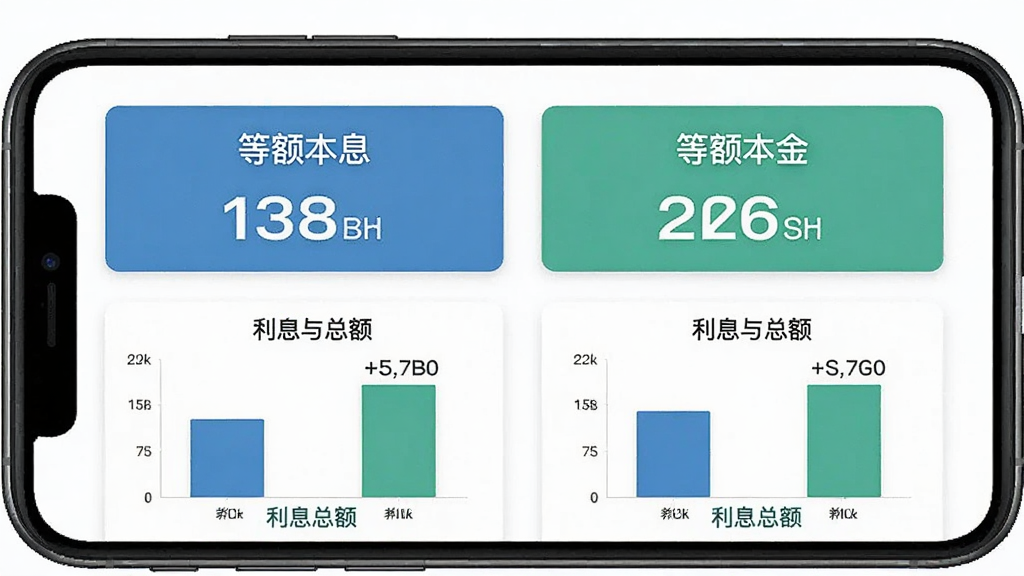 房贷速算器界面中展示等额本息与等额本金对比图表,手机屏幕中央为两组数据卡片,左侧标注等额本息,右侧标注等额本金,下方有柱状图对比利息总额,布局对称,排版简洁,扁平化设计风格,蓝绿配色,细节清晰,高清画质,干净无多余元素