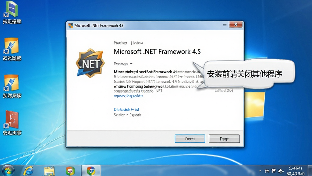 һ�ŵ��������ͼ���ʾ��ͼ����������ʾ��Microsoft .NET Framework 4.5����װ�򵼴��ڣ��Ա�����ʾ����д�š���װǰ��ر��������򡱣�����Ϊ���� Windows ���棬�������������дʵ��ϸ�ڸɾ��������������޶���Ԫ��