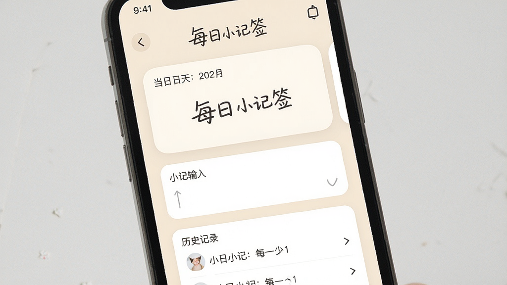һ���ֻ���Ļ����չʾ���棬������ÿ��С��ǩӦ����ҳ������Ϊ�Ϸ���ʾ�������ں�ǩ�￨Ƭ���в�ΪС��������·�Ϊ��ʷ��¼�б����Ű����������У�����������գ�ϸ�ڰ���ǳ��ɫ������Բ�ǿ�Ƭ����д������⡰ÿ��С��ǩ���������������ɾ����޶���Ԫ��