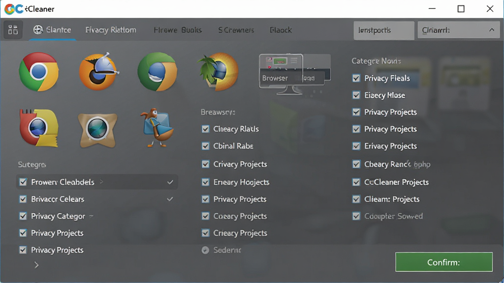 һ��չʾ CCleaner ��˽�������ܵ�ͼƬ������Ϊ���������е����������ѡ����壬����Ϊ�������ͼ���빴ѡ�б����Ű�����չʾ����������˽��Ŀ�����Ϊ��లȫ���߽��棬ϸ�ڰ��������ͼ�ꡢ��������ȷ�ϰ�ť�����ʸ��壬�ɾ����޶���Ԫ�ء�