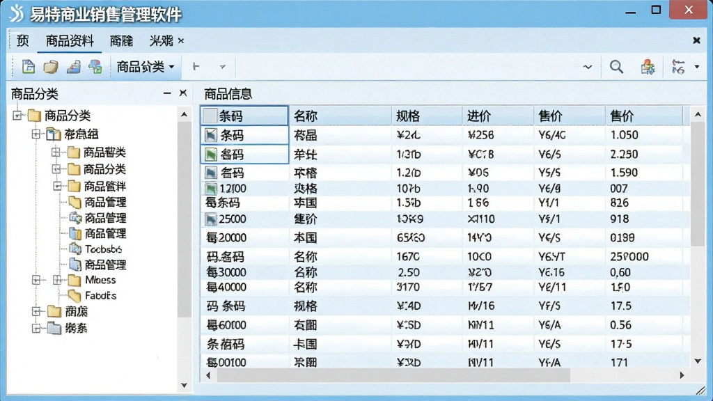 一张表现易特商业销售管理软件商品资料管理功能的图片,画面主体为软件界面中的商品列表窗口,左侧是商品分类树,右侧是商品信息表格,表格中包含条码、名称、规格、进价、售价等列。整体风格为商务办公软件截图,布局清晰,色调以浅蓝与白色为主,细节干净,画质清晰,无多余装饰元素。