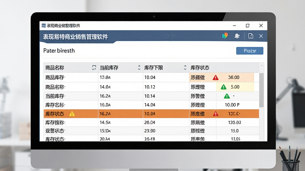 一张表现易特商业销售管理软件库存查询与预警功能的图片,画面为软件界面中的库存报表页面,表格中显示商品名称、当前库存、库存下限、库存状态等字段,部分行带有提醒标识。整体布局为电脑软件窗口,风格简洁商务,色调清爽,画质清晰,无多余元素。