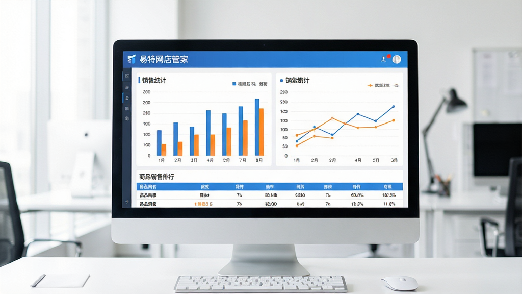 软件数据报表展示,画面中央为“易特网店管家”的销售统计界面,屏幕上显示着柱状图和折线图,图表颜色为蓝色和橙色搭配,数据清晰可见。界面下方有商品销售排行表格。背景为明亮的办公室,桌面上有一台显示器和一个鼠标,整体风格为商务数据风,画质清晰,排版规整,干净无多余元素。