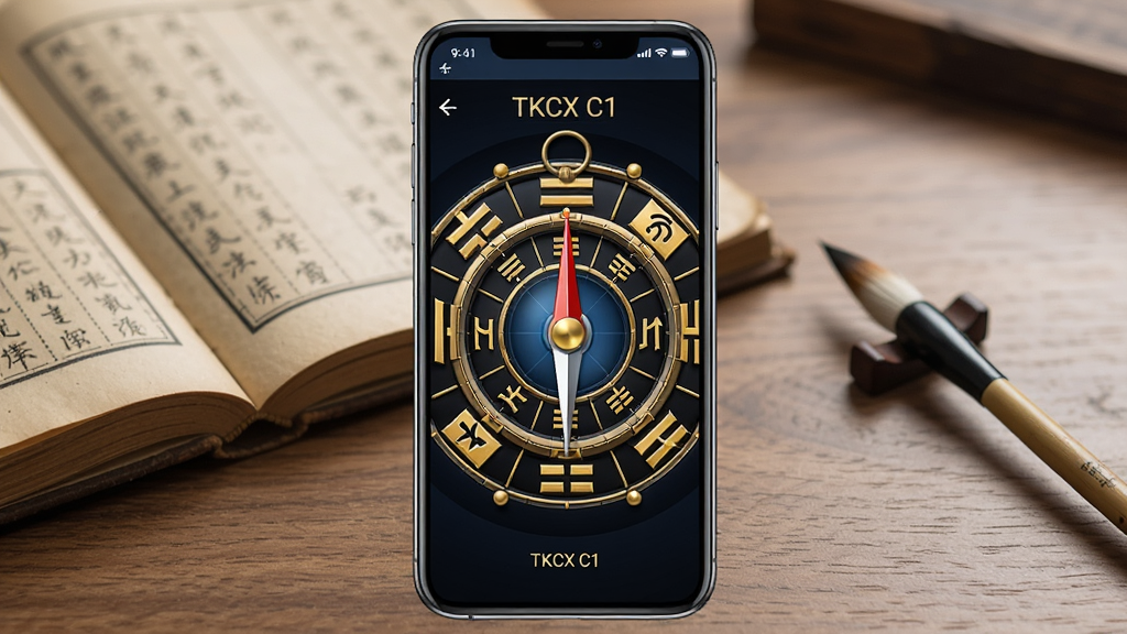 һ��չʾ TKCX C1 ��ˮ��������������ֻ���Ļͼ������������һ�����������ֻ����ֻ���Ļ����ʾ�ž��µĵ������̽��棬����ָ��ָ�����Ϸ�����Χ�����Ű��Է��źͷ�λ�̶ȣ��ֻ�����Ϊľ�����棬�����Ϸ���һ�������Ĺż���һ֧ë�ʣ�������Ϊдʵ��Ӱ��񣬹��������Ȼ�����������ɾ����޶���Ԫ�أ�ͼƬ������Ϊ��TKCX C1��