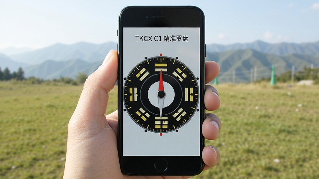 һ�� TKCX C1 �������̹���չʾͼ����������Ϊһֻ�ֳ������ֻ����ֻ���Ļ��ʾ�Ŵ��а��Կ̶ȵ�Բ�����̣�ָ������ָ�򱱷�������Ϊ���⿪�����أ�Զ����ɽ��������������Ϊдʵ��Ӱ���������������������ɾ����޶���Ԫ�أ�ͼƬ������Ϊ��TKCX C1 ��׼���̡�
