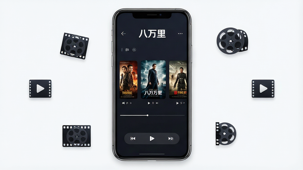 一张展示八万里软件主界面的手机样机图,画面中央是深色背景的播放界面,顶部有“八万里”文字标识,下方排列着电影海报卡片和播放按钮,周围点缀胶片与播放图标元素,布局简洁对称,风格现代科技感,细节清晰,画质高清,干净无多余元素