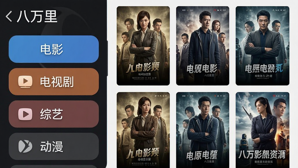 一张展示八万里影视资源分类页面的手机截图风格图片,画面中有“八万里”软件名称,左侧是电影、电视剧、综艺、动漫等分类标签,右侧是海报网格,布局整齐,风格清爽,细节丰富,画质高清,干净无多余元素