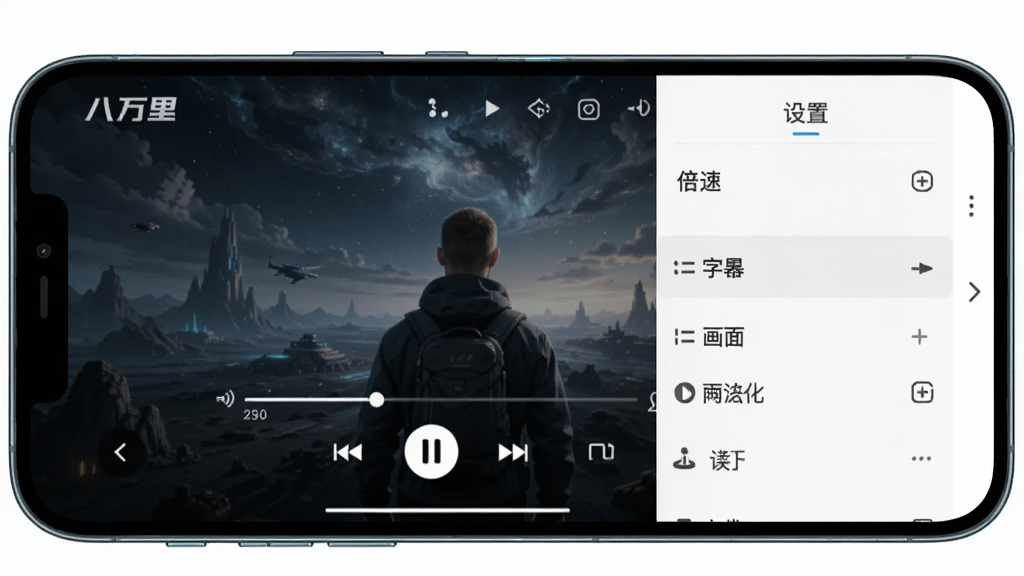 一张展示八万里播放设置面板的图片,画面中手机横屏显示“八万里”播放界面,侧边弹出设置菜单,包含倍速、字幕、画面比例等选项,风格科技感,布局清晰,细节精致,画质高清,干净无多余元素