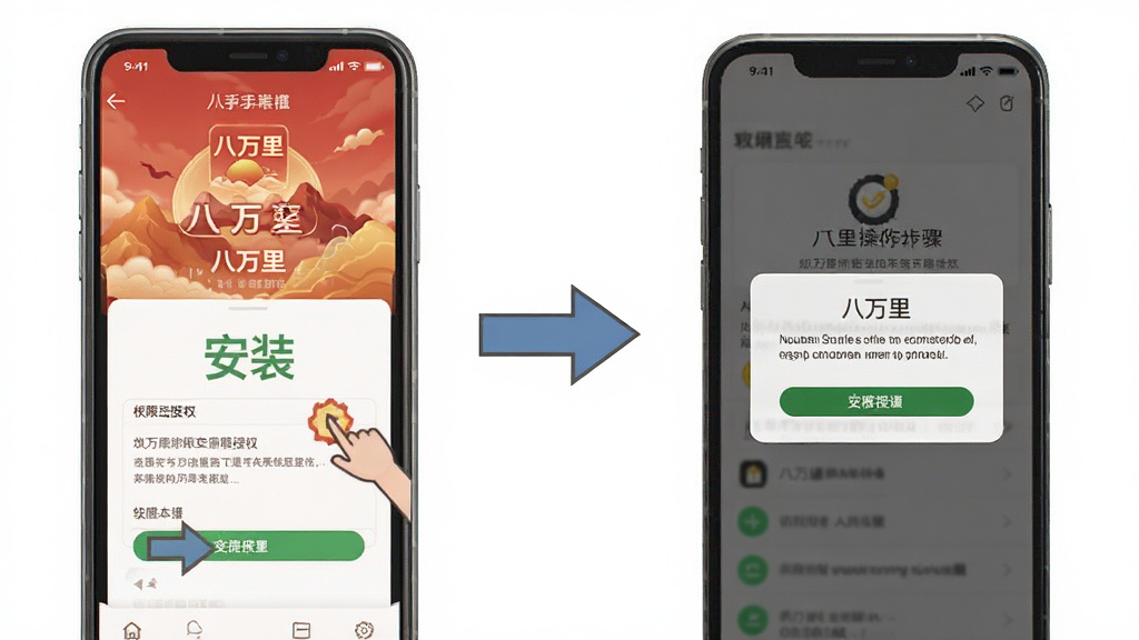 一张展示八万里新手操作步骤的示意图,画面中手机屏幕显示“八万里”安装界面和权限授权弹窗,旁边有箭头指示操作顺序,风格简洁教学风,布局清晰,细节明确,画质高清,干净无多余元素