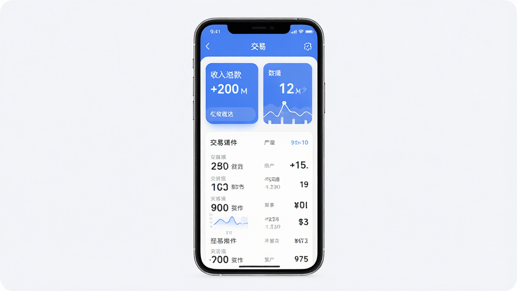 亿收达软件主界面展示,主体为一部智能手机居中放置,屏幕显示收款记录列表和经营数据统计图表,布局采用上下结构上方为收入汇总卡片下方为交易明细,排版整齐清晰,风格为现代简约扁平化设计,细节包括蓝色主色调、圆角卡片、数字突出显示,画质高清干净无多余元素