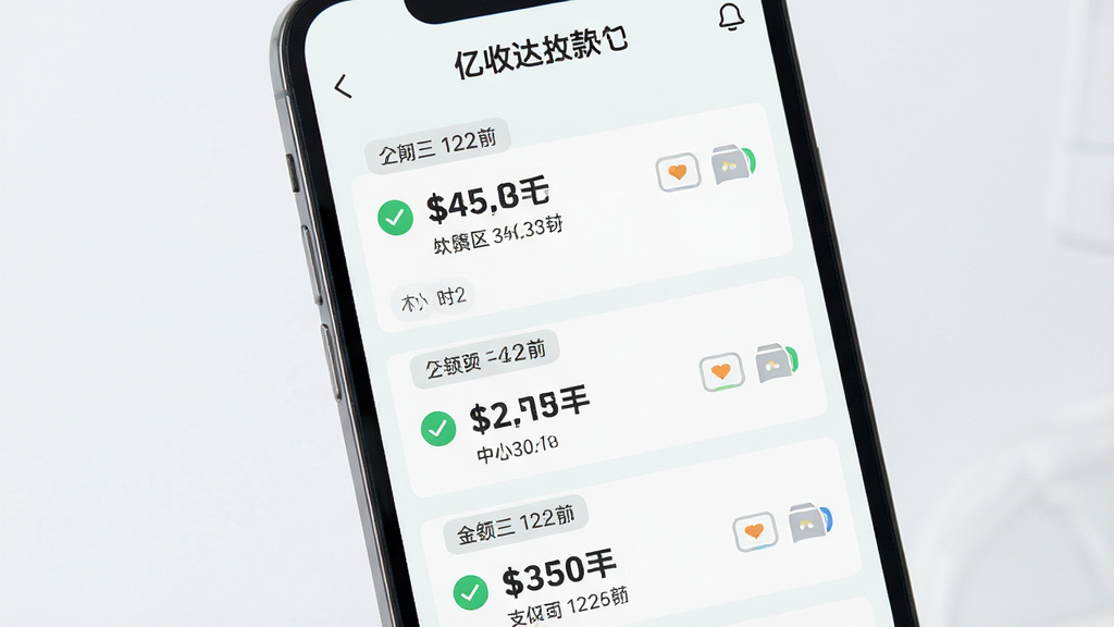 亿收达智能收款记录管理功能展示,主体为手机屏幕特写,布局采用纵向列表形式展示多笔收款记录,排版为每条记录包含金额、时间、支付方式图标,风格为清新浅色系扁平化设计,细节包括绿色对勾图标、金额数字加粗、日期分组标签,画质高清干净无多余元素