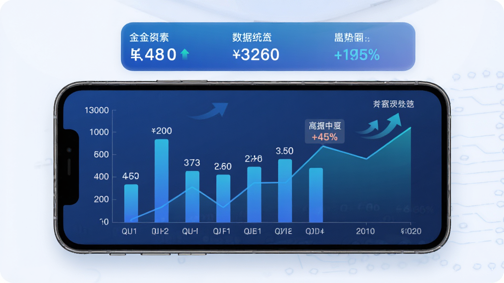 亿收达经营数据可视化统计界面,主体为手机屏幕展示柱状图和折线图,布局为上方汇总数字下方图表展示,排版为横向时间轴纵轴金额刻度,风格为商务简约风格蓝色渐变配色,细节包括数据标签、趋势箭头、百分比变化提示,画质高清干净无多余元素