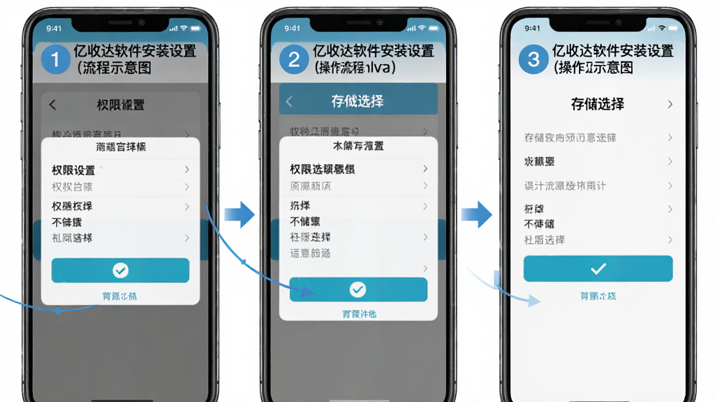亿收达软件安装设置操作流程示意图,主体为手机屏幕截图展示权限设置和存储选择界面,布局为分步骤横向排列共三屏,排版每屏标注序号和简短文字说明,风格为教程类清晰简洁风格,细节包括箭头引导、高亮选中状态、勾选标记,画质高清干净无多余元素